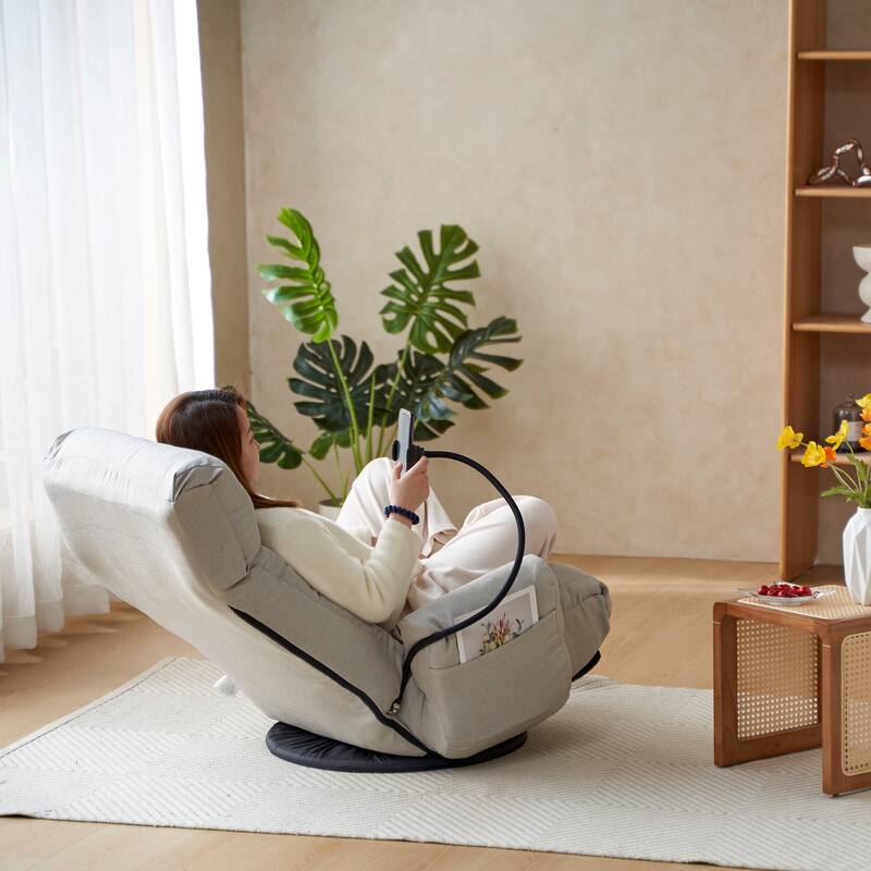 Gray Upholstered 360° Swivel Recliner with Mobile Phone Holder and Adjustable Headrest