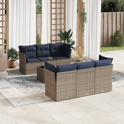 vidaXL 7 Piece Patio Sofa Set with Cushions Brown/Gray Poly Rattan - 24.4 x 24.4 x 27.2
