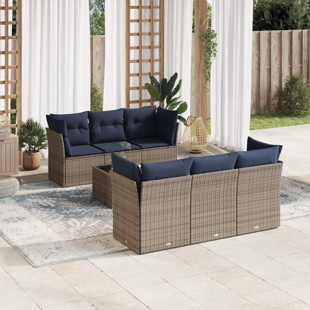vidaXL 7 Piece Patio Sofa Set with Cushions Brown/Gray Poly Rattan - 24.4 x 24.4 x 27.2