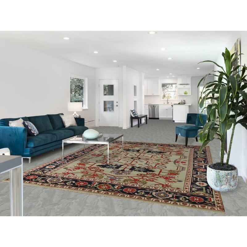 Hand Knotted Oriental 100% Wool Carpet Traditional Geometric Green Heriz (serapi) Area Rug - 9' 9'' X 7' 11''