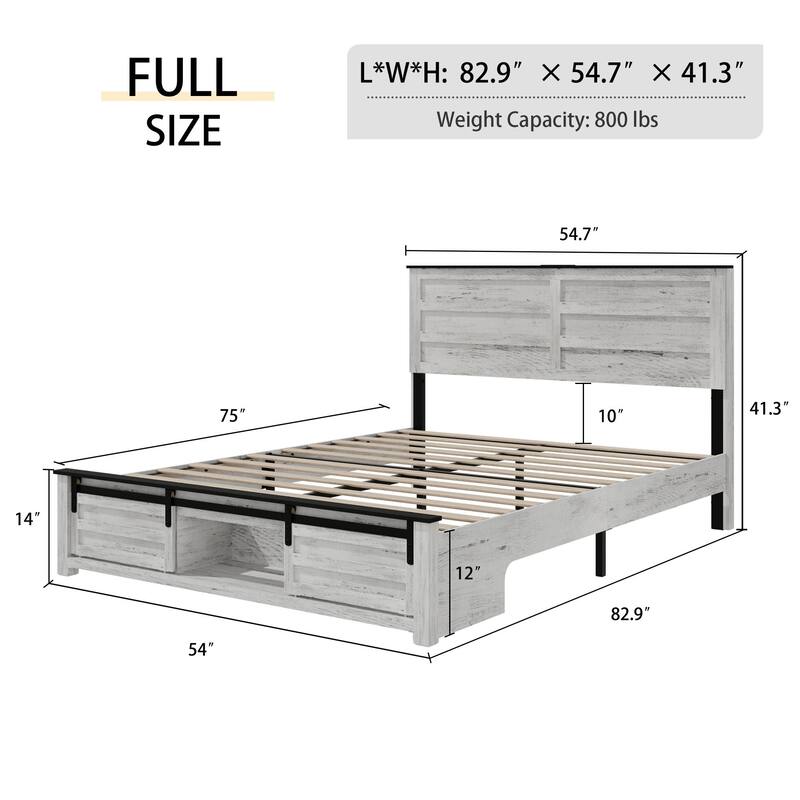 Full Bed Frame with Upholstered Headboard and Wood Platform, Storage Headboard with Charging Station and LED