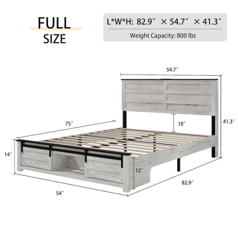 Storage Platform Bed Frame with Touch Light Charging Station Headboard and Endbed Storage Space, Velcro Design Wood Slat Support