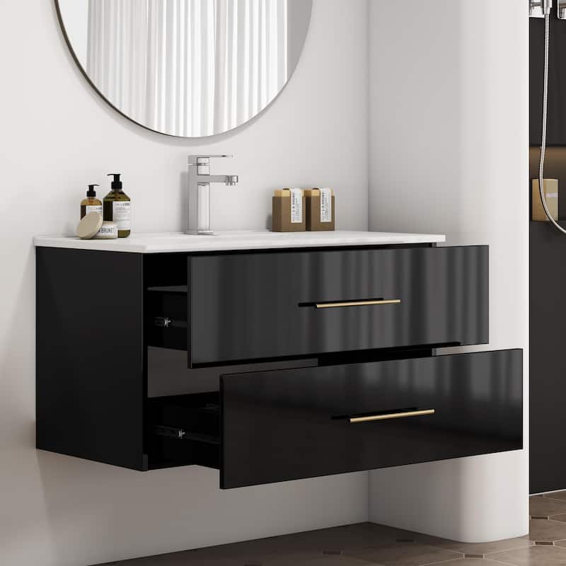 36-Inch Gloss Wall-Mounted Bathroom Vanity with Sink Combo,Double Drawers,Ceramic Sink, Long Gold Metal Handle