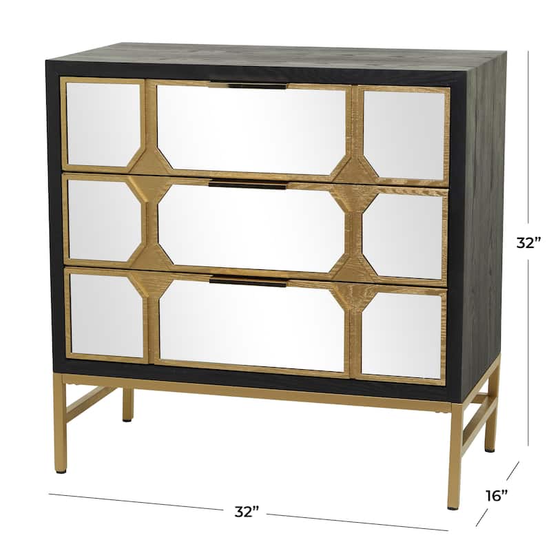 Wooden 3 Drawer Chest with Mirrored Front - Gold or Black - Roche River Decor