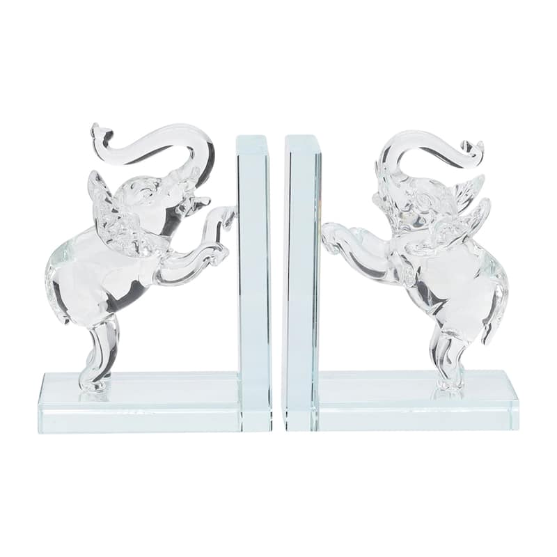 Set of 2 Clear Frosted Elephant Bookends - Contemporary Crystal 5" Standing Elephant Bookends For Home or Office Book