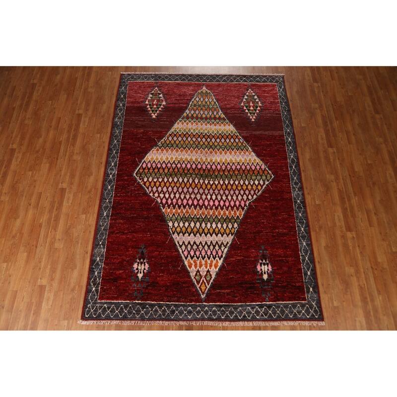 Hand Knotted Oriental 100% Wool Carpet Modern Tribal Red Moroccan Area Rug - 9' 8'' X 6' 11''