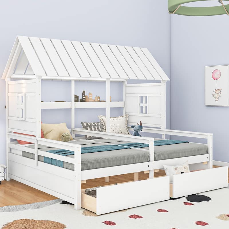 Twin Size House Platform Beds with Two Drawers for Shared Kids' Room, White - White