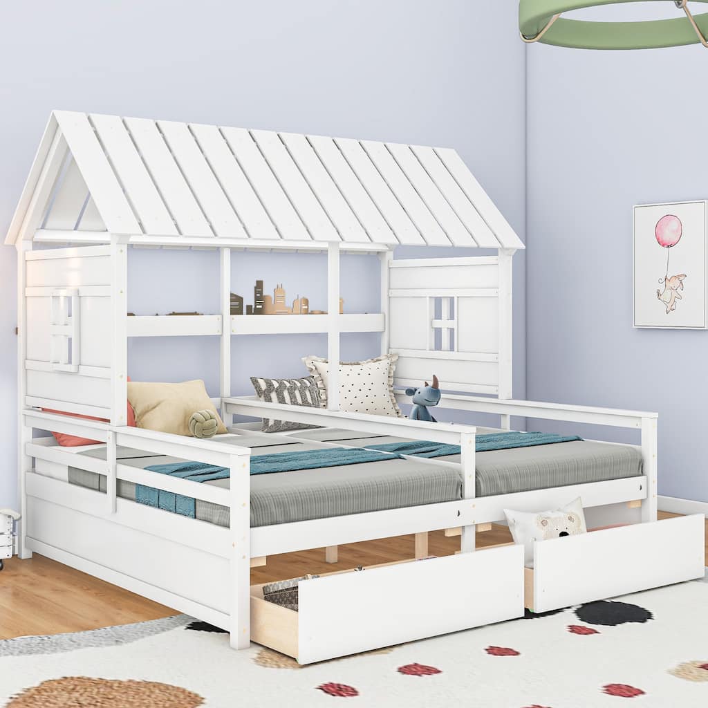 Twin Size House Platform Beds with Two Drawers for Shared Kids' Room, White