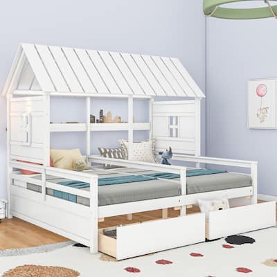 White Twin Size Solid Wood House Platform Bed with Two Drawers