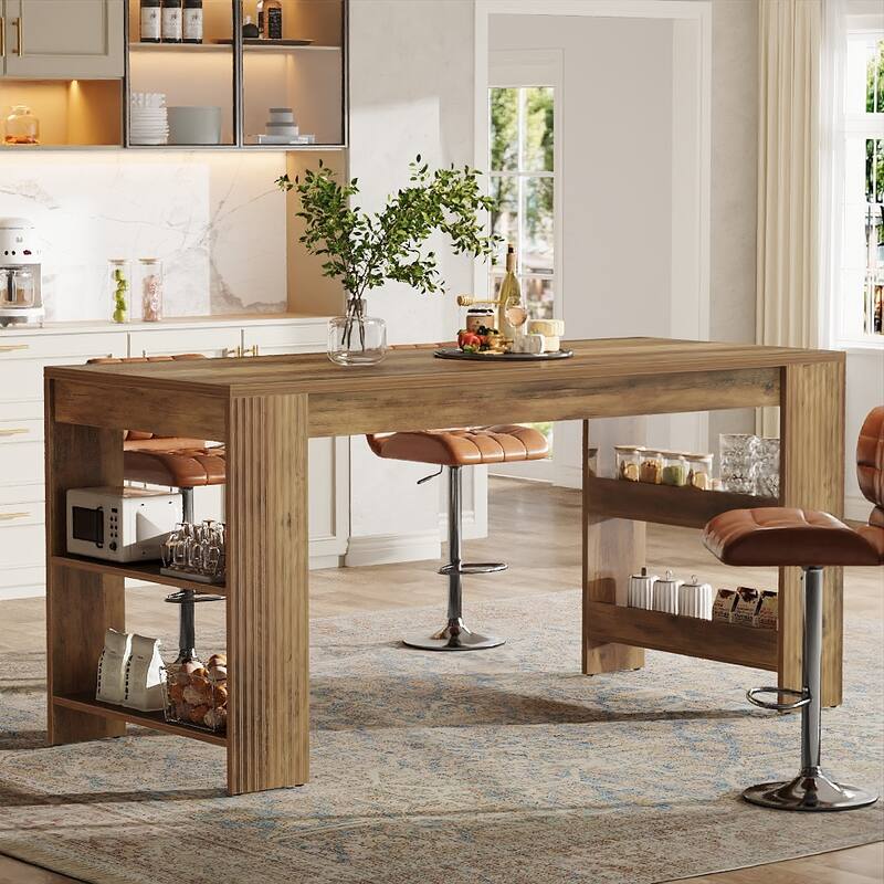 63 Inch Bar Table, Counter Height Pub Table with Storage Shelves - Rustic Brown
