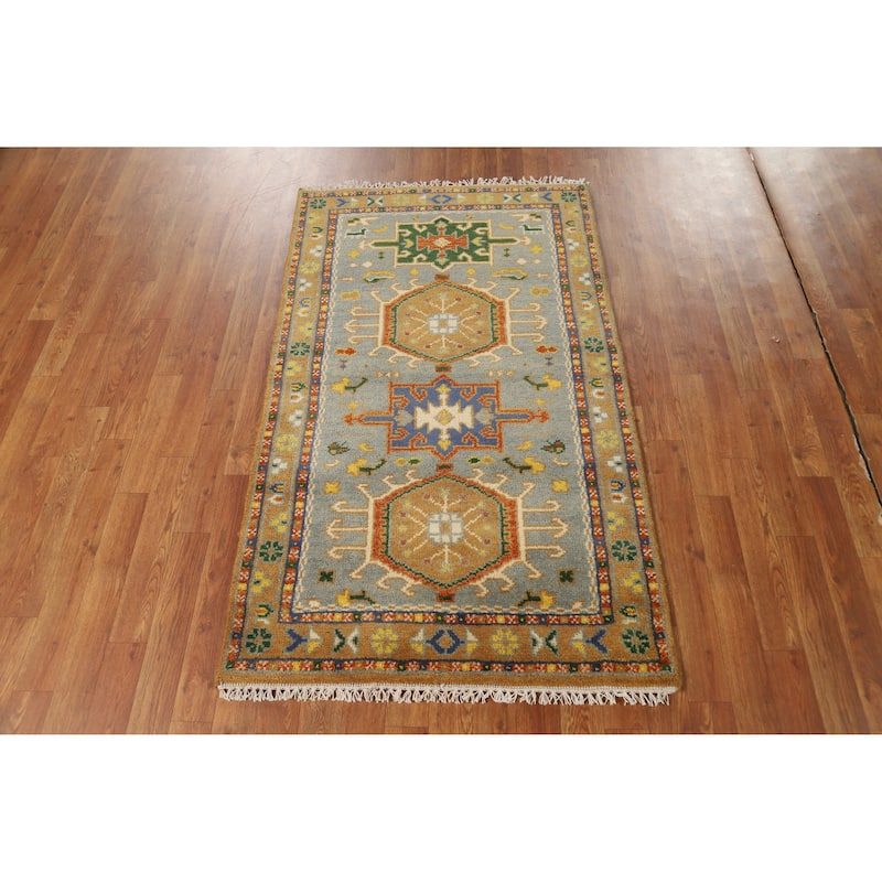 Hand Knotted Oriental 100% Wool Carpet Transitional Geometric Greys & Charcoal Khotan Area Rug - 4' 11'' X 3' 0''