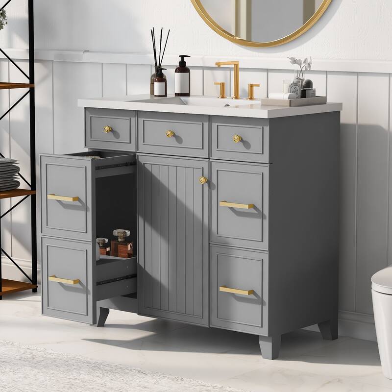 36" Black Bathroom Vanity Cabinet with Single Sink, Soft-Close Door, 3 Drawers, Waterproof Resin Sink