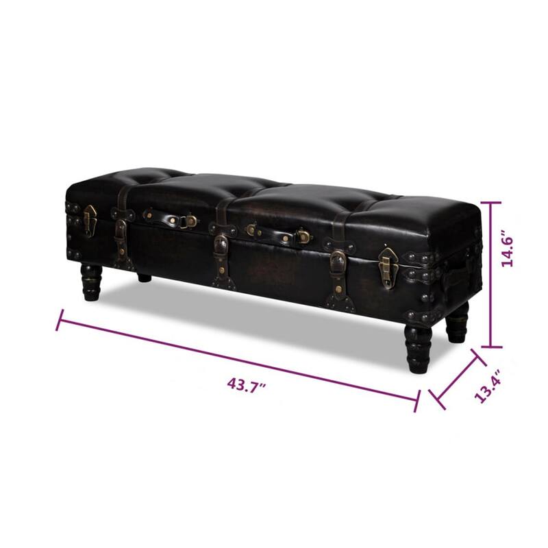Storage Bench Ottoman, Solid Wood, Black Tufted Faux Leather, 44 Inch
