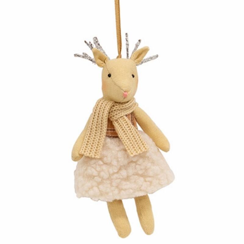 Cream-Beige Sherpa Dress Reindeer Ornament with Brown Ribbon for Holiday Decor - 3.75 x 2.50 x 7 in. - Beige