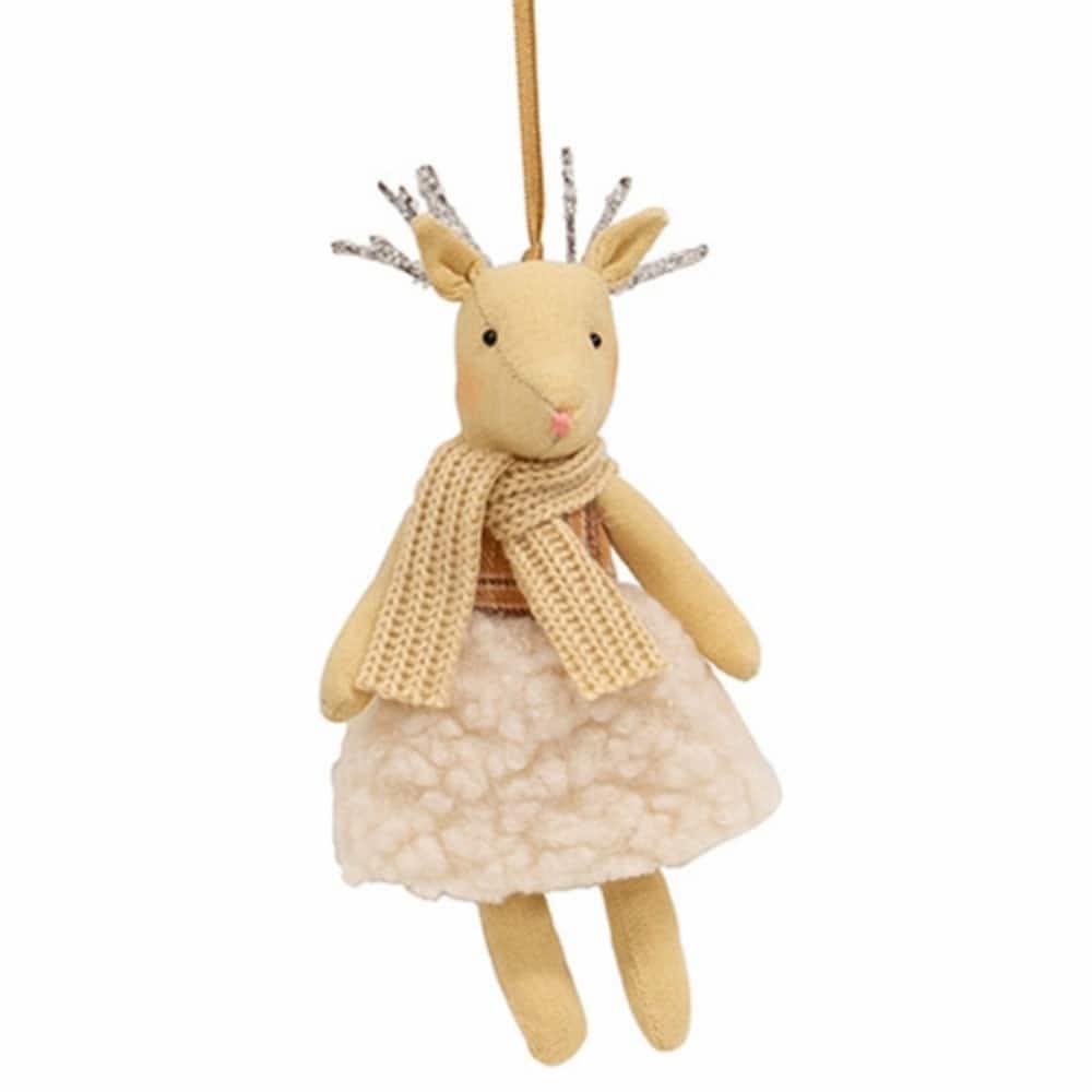 Cream-Beige Sherpa Dress Reindeer Ornament with Brown Ribbon for Holiday Decor - 3.75 x 2.50 x 7 in.