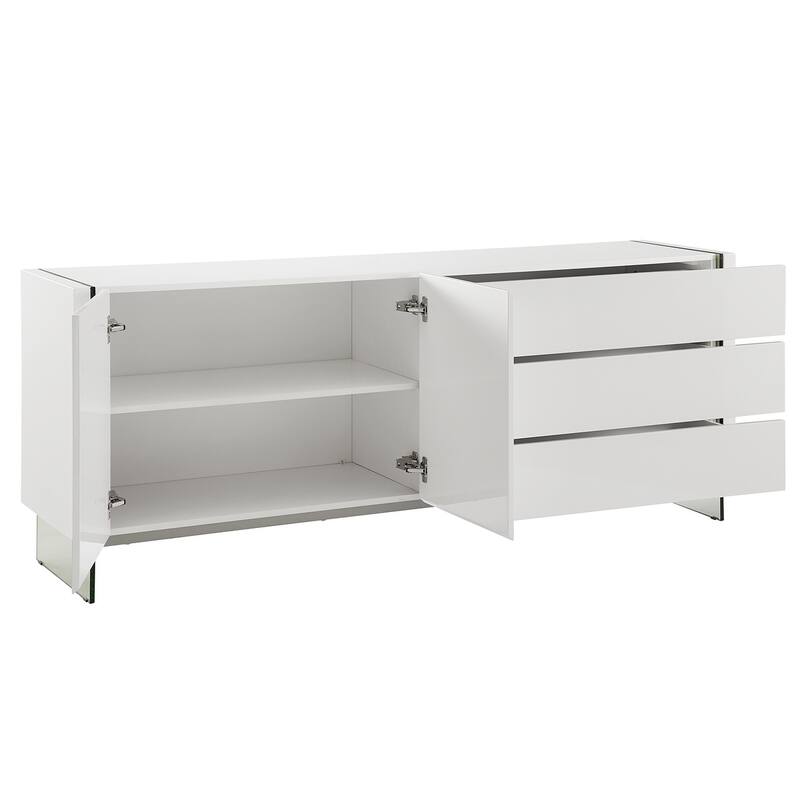 IL VETRO buffet-server in high gloss white lacquer with clear glass.