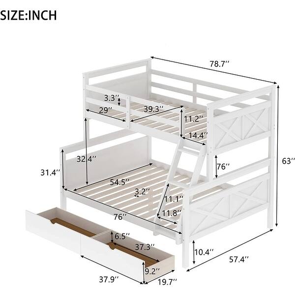 dimension image slide 0 of 2, Twin Over Full Bunk Bed with Ladder, 2 Storage Drawers, Safety Guardrail