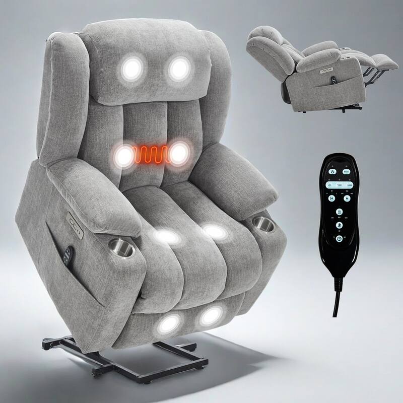Chenille Power Lift Recliner 8 Point Vibration Massage Chair with Waist Heating, USB Ports and Stainless Steel Cup Holder