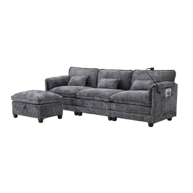 Modern Chenille Chaise Couch L-shaped Sectional Sofa with Storage Ottoman, Phone Holder, USB/Type-C Ports and Side Pockets