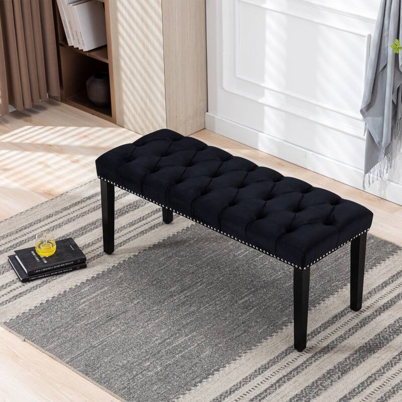 Tufted Velvet Bench Ottoman - Versatile Seating and Footrest for Living Room, Entryway, and Bedroom - Black