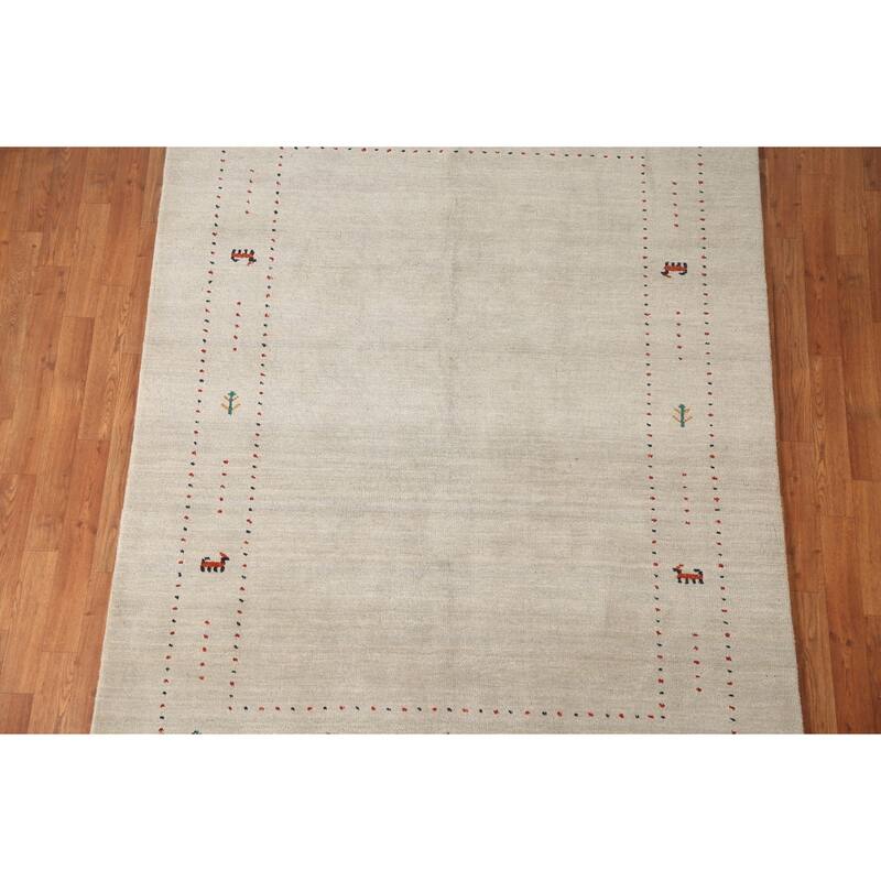Tribal Gabbeh Area Rug Handmade Oriental Beige Wool Carpet - 5'5"x 7'6"