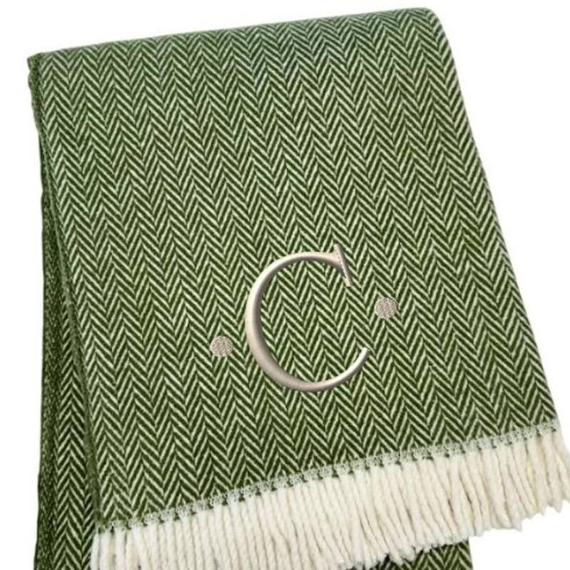 HomeRoots 55" X 70" Moss Green And White Herringbone Cotton Blend C Initial Throw Blanket with Tassels And Embroidery