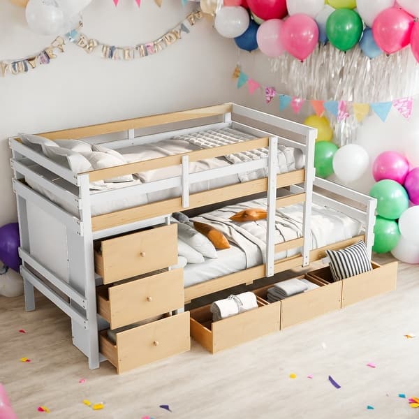 slide 2 of 13, Twin over Twin Loft Bunk Bed with Drawers and Ladder,Space-EfficientLoft Bunk Bed With Storage,Clean And Tidy,Natural Natural