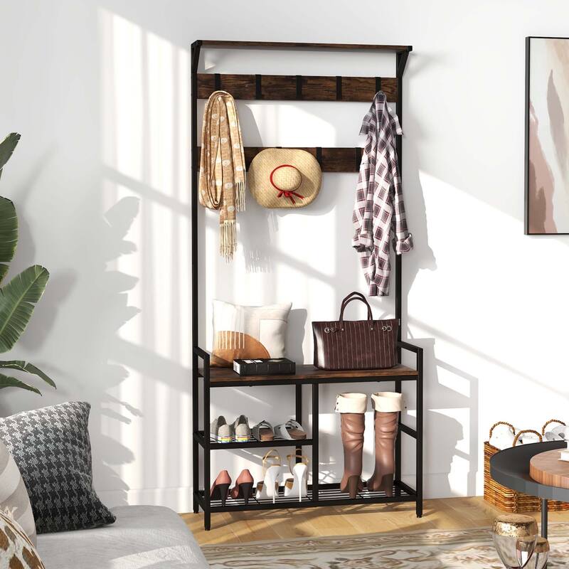 71'' Coat Rack Hall Tree w/ Shoe Bench Entryway Storage Shelf w/ Hooks
