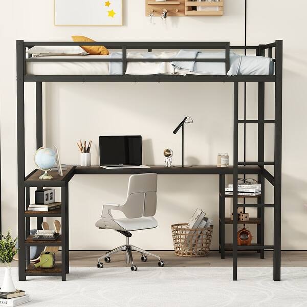 slide 2 of 6, Full Metal Loft Bed with Desk and Shelves, Loft Bed with Ladder and Guardrails, Loft Bed Frame for Bedroom, Black