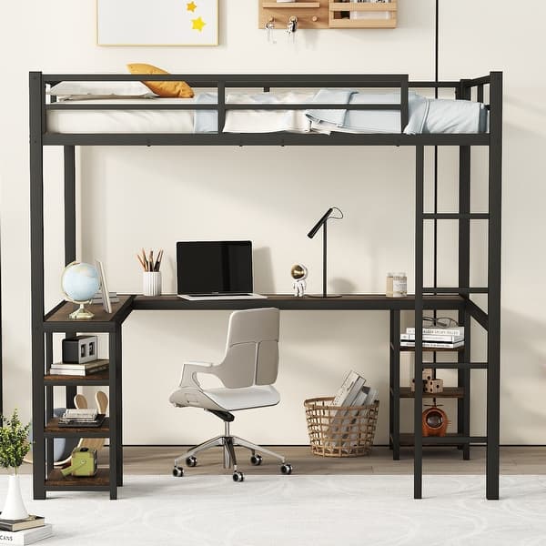 slide 2 of 14, Loft Bed Frame with Ladder & Guardrails, Metal Loft Bed with L-Shaped Brown Desk & Storage Shelves for Kids, Teens, Dorm,Black Black Brown - Full