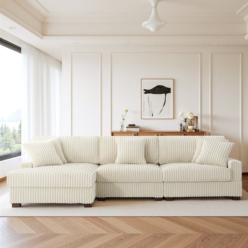 118.3" W Plush Corduroy Square Arm Upholstered Sectional Modular Sofa