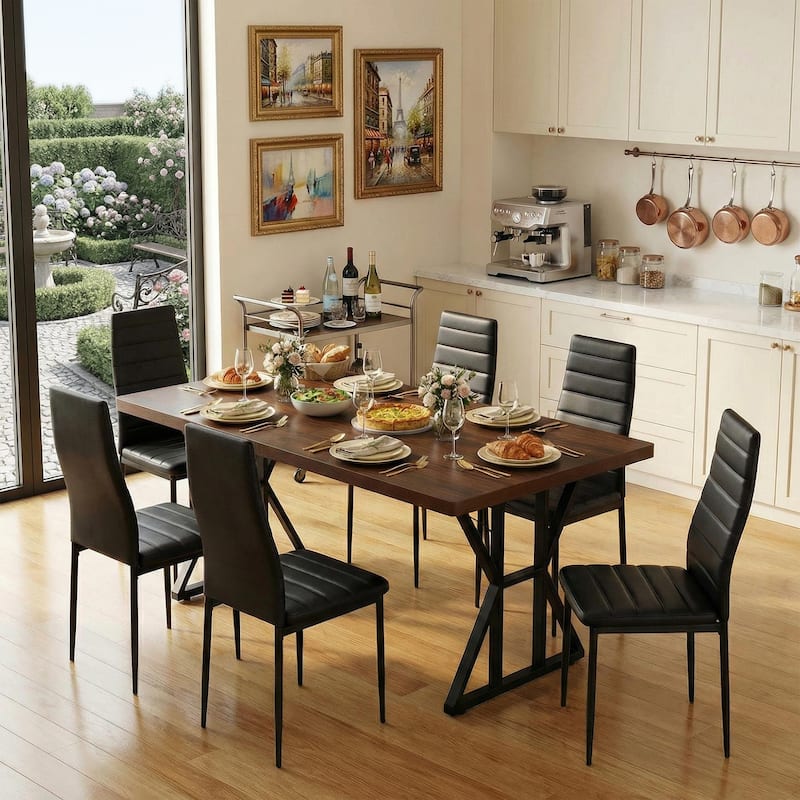 Homy Casa 63" Industrial Dining Table Set for 6, Large Rectangular with Metal Frame, Farmhouse Dining Room 6 Chairs / Table Only - 1 Table + 6 Black Chairs