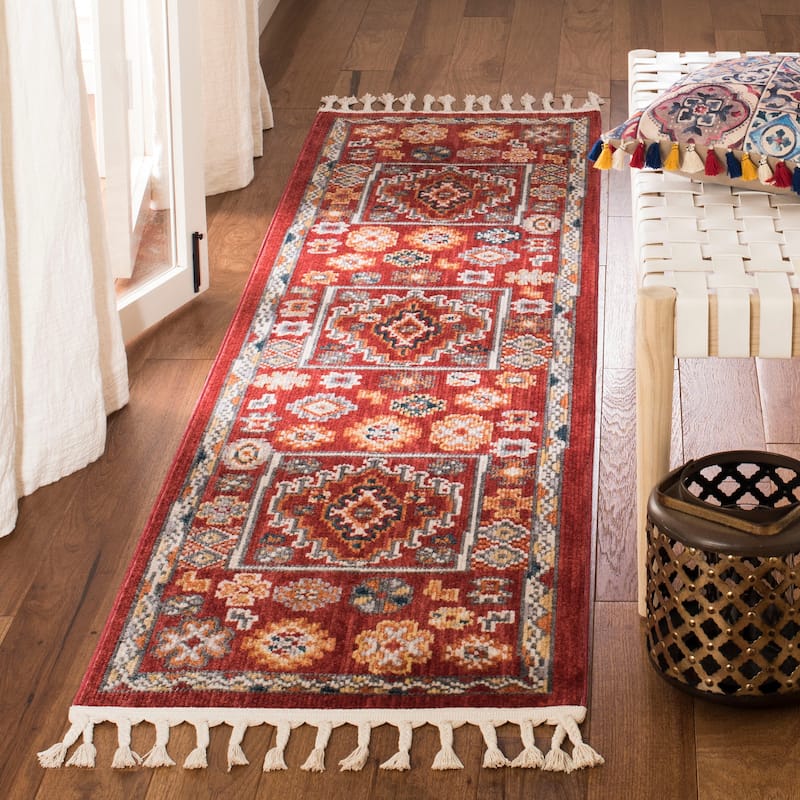 SAFAVIEH Farmhouse Gerolama Boho Tribal Polyester Rug - 2'1" x 8' Runner - Red/Ivory