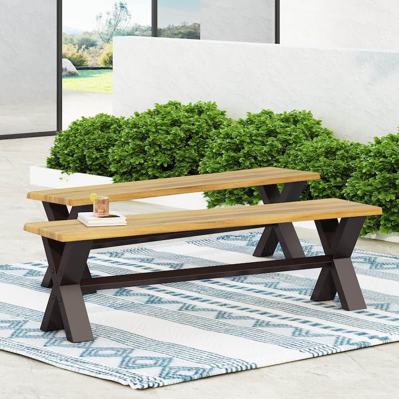 Roomfitters Outdoor Acacia Wood Dining Benches Set of 2, Patio or Garden Seating with Sturdy X-Frame Legs, Teak