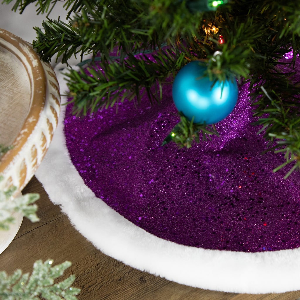 20" Magenta Glittered Mini Christmas Tree Skirt with White Fur Trim - 20