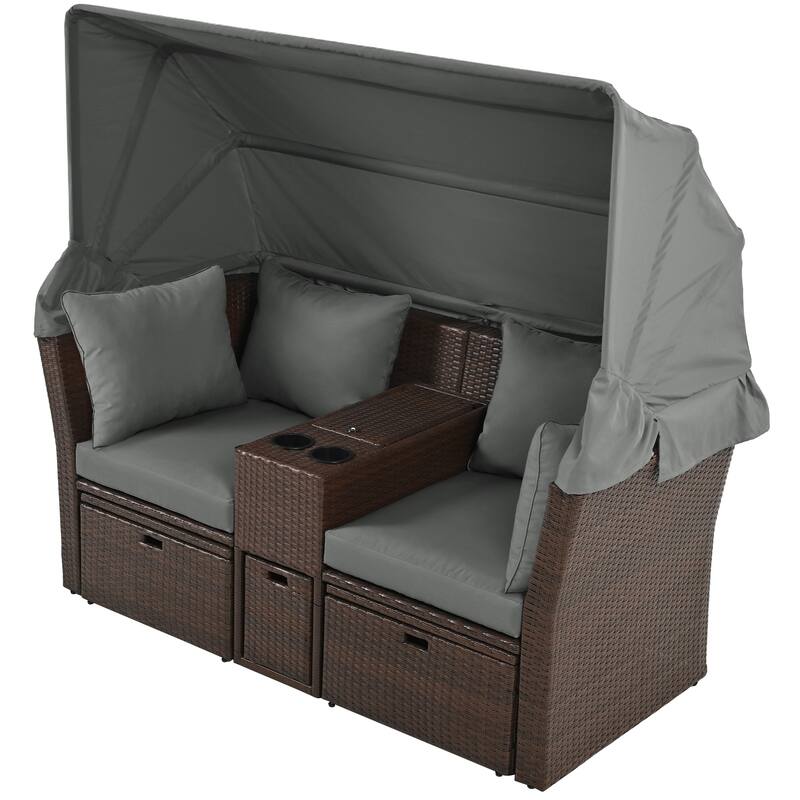 Convertible Outdoor Patio Daybed Loveseat Sofa Set with Retractable Canopy and Central Console