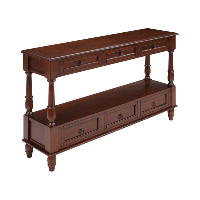 Vintage 54" Solid Wood Console Table with 6 Drawers and Shelf