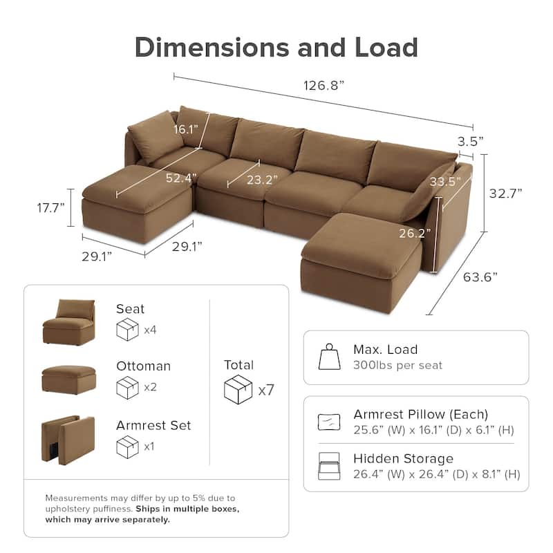 Mopio Macy Modular Sectional Sofa, Modern Couch with Ottoman Chaise Brown