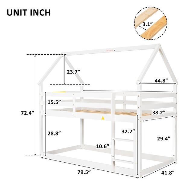 White Twin over Twin Wood Loft Bed with Roof and Guardrail