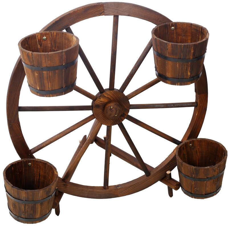Wood wagon wheel barrel planter, Wagon Wheel Barrel Planter Display