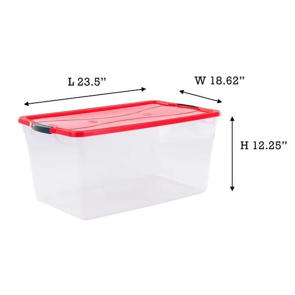 dimension image slide 1 of 3, Rubbermaid Cleverstore 30 Quart Plastic Storage Tote Container with Lid (6 Pack)