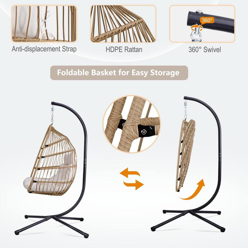 Outdoor Egg Hanging Chair, Swing Chair with Stand & Aluminum-Steel Frame, Patio Rattan Wicker Hanging Swing Egg Chair