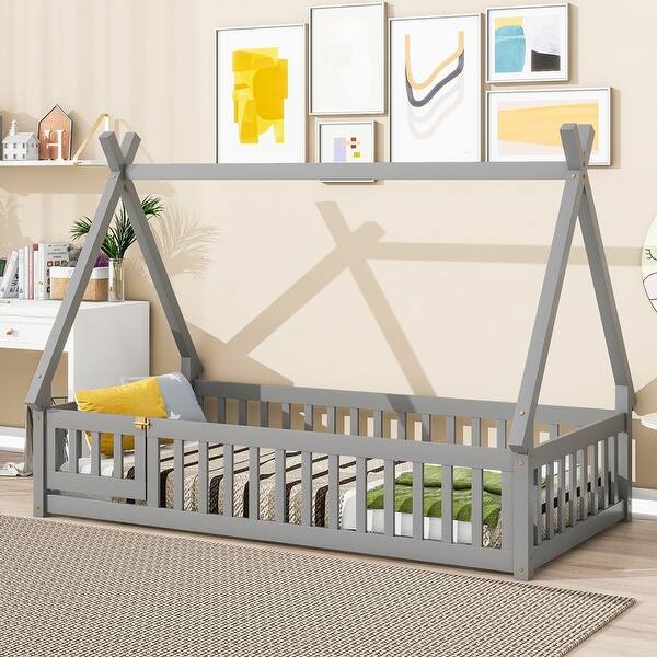 slide 2 of 7, Twin Tent-shaped Floor Bed, with Guardrails, Slats, Door ,Grey