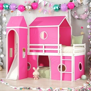 Multifunction Twin Size Bunk Bed With Slide Pink Tent and Tower