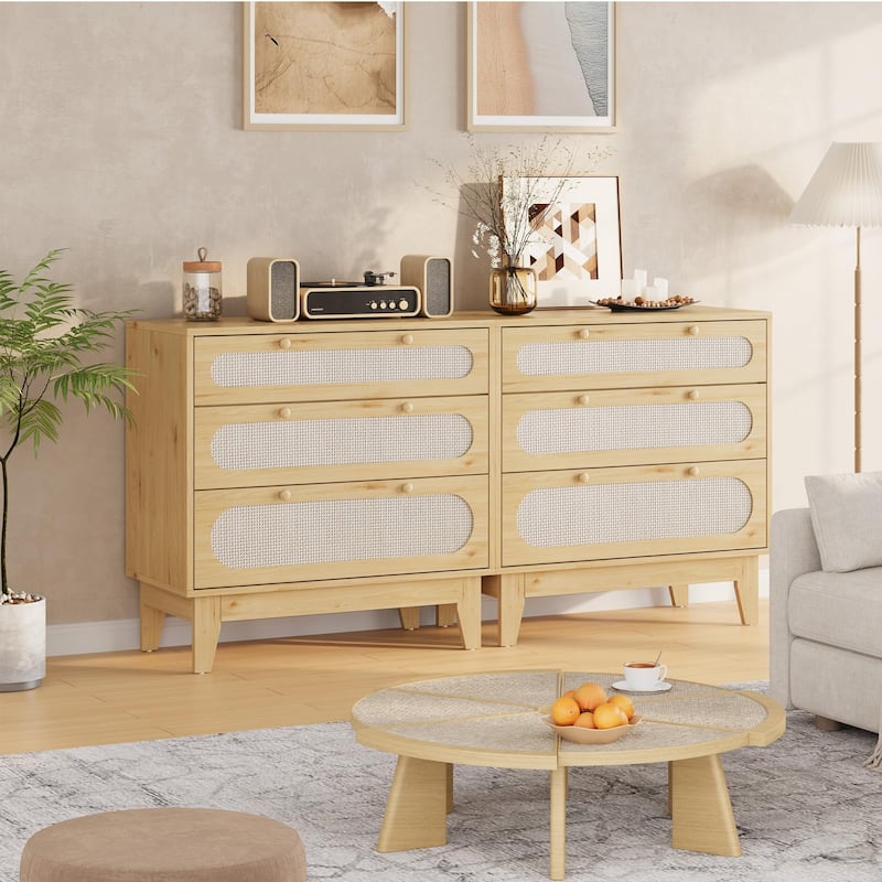3 Drawer Wood Dresser with Rattan Accents, Modern Wood Storage Chest