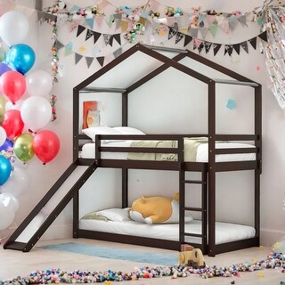 Friendly Playhouse-inspired Style Twin Over Twin Bunk Bed with Roof, Slide and Ladde
