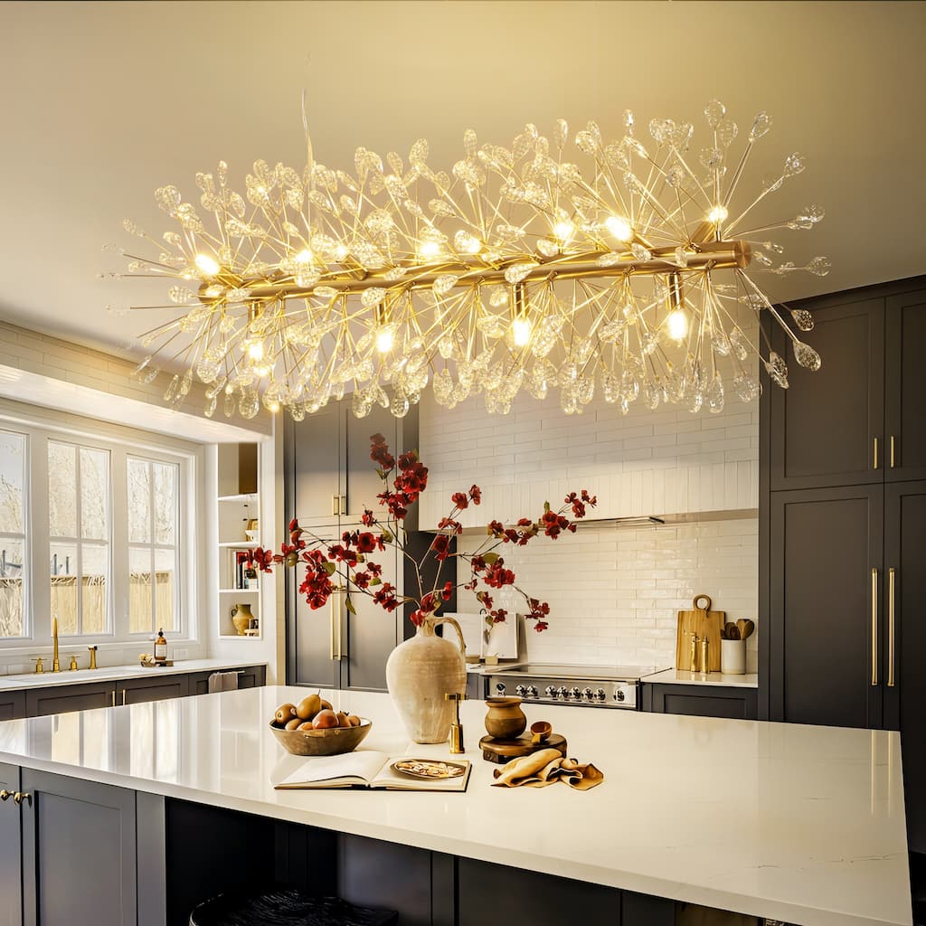 9/12-Light Modern Glam Linear Sputnik Starburst Beaded Crystal Chandelier Firework Kitchen Island Pendant