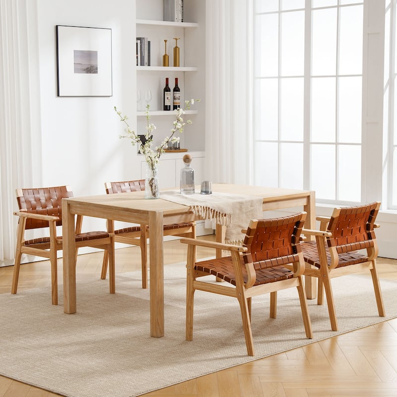 Woven Leather Dining Chairs with Solid Wood Frame - 29.7"H x 21.7"W x 22.8"D