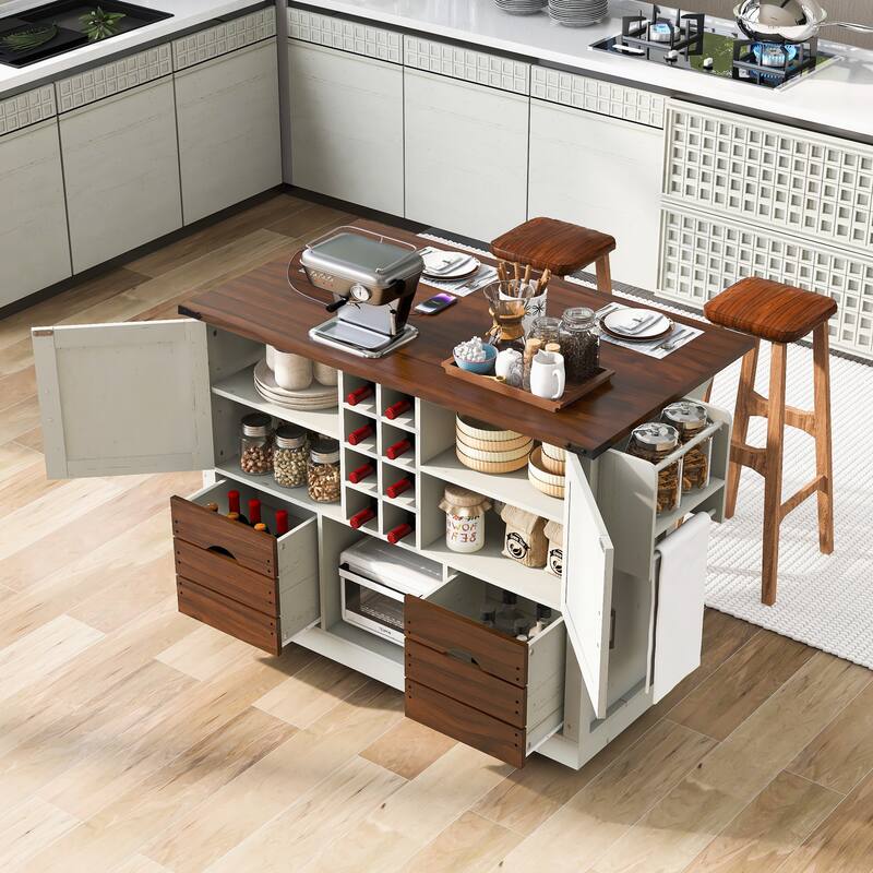 54" Rolling Kitchen Island with Drop Leaf and Power Outlet and 2 Drawers