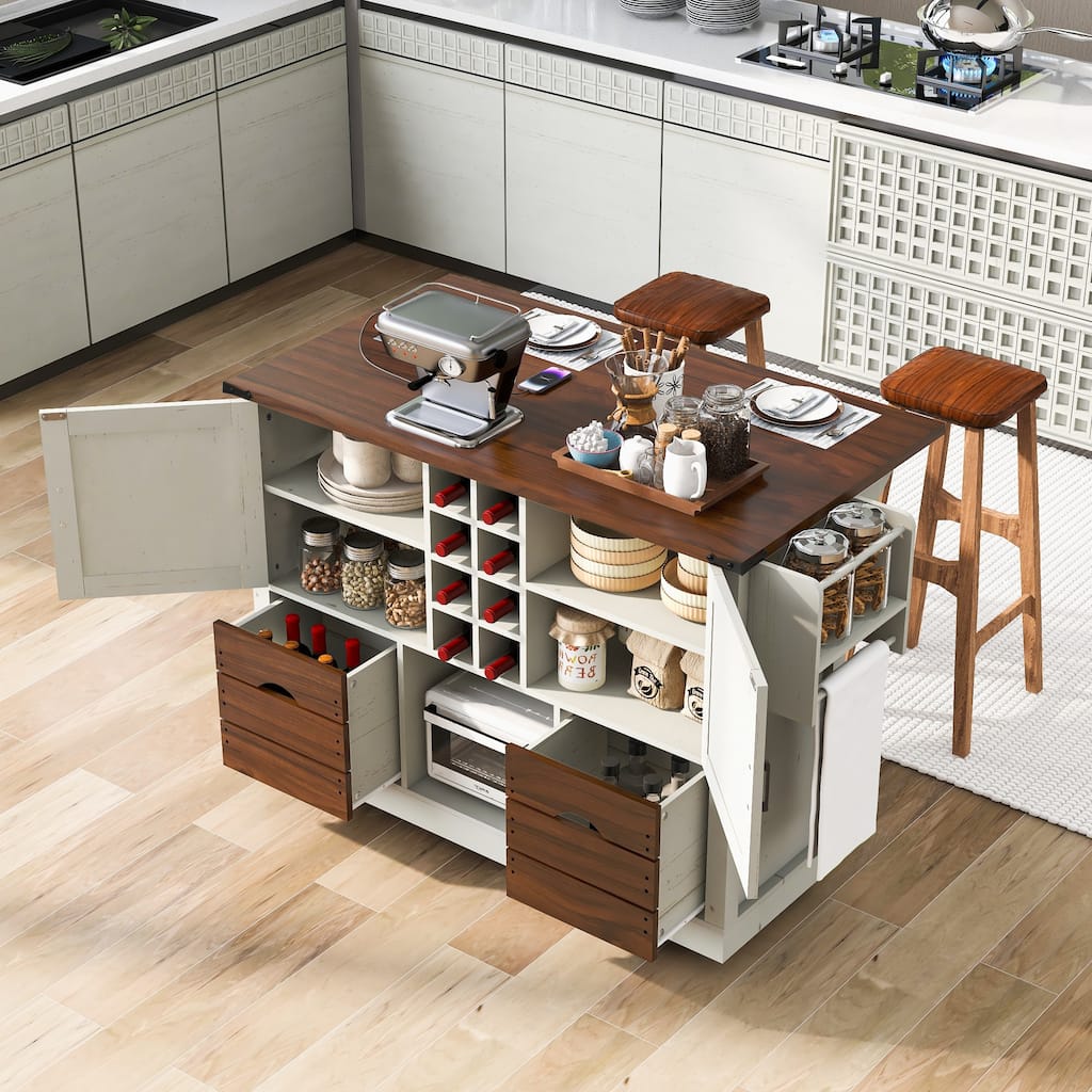 Storage Cart on 4 Large Wheels Rolling Kitchen Island with Drop Leaf, Power Outlet, 2 Doors, 2 Drawers, Wine Storage, Spice Rack